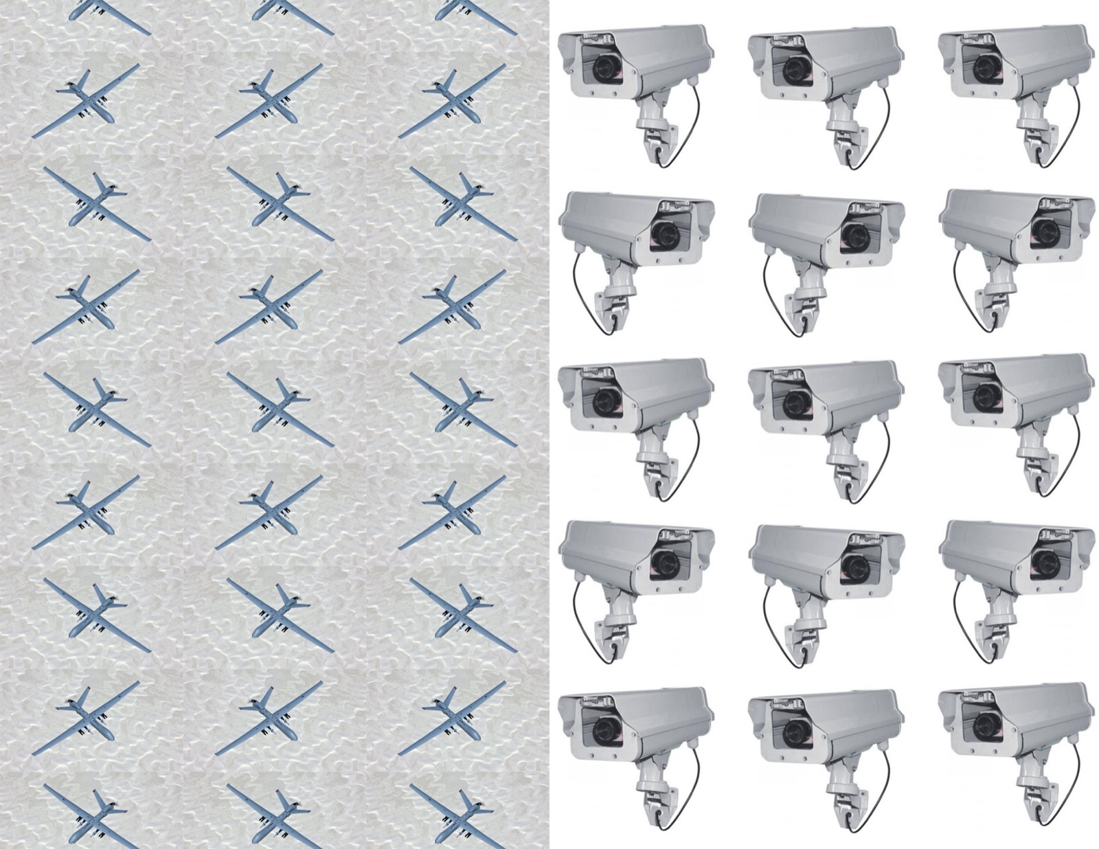 Zine endpapers — repeating drone and surveillance camera patterns