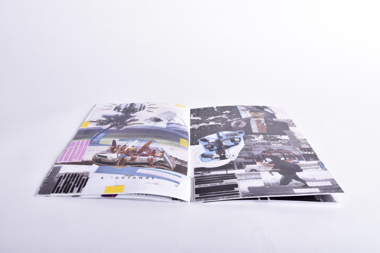 All Eyes On Us — open spread showing getaway collage and surveillance camera pages