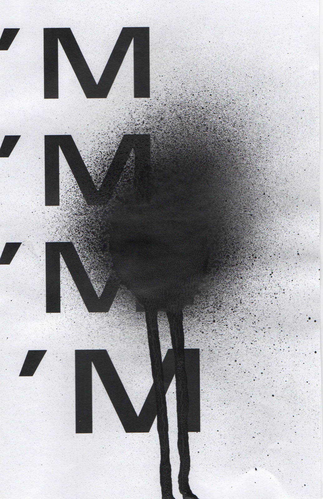 Zine spread — spray paint over repeated I'M typography
