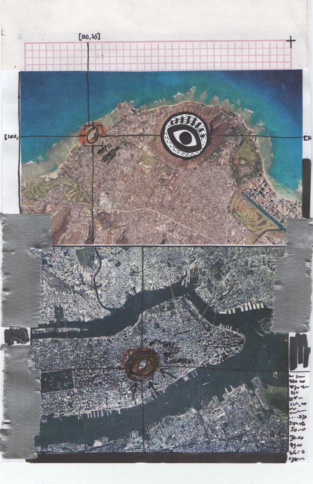 Zine spread — satellite imagery with eye motifs, pink graph paper