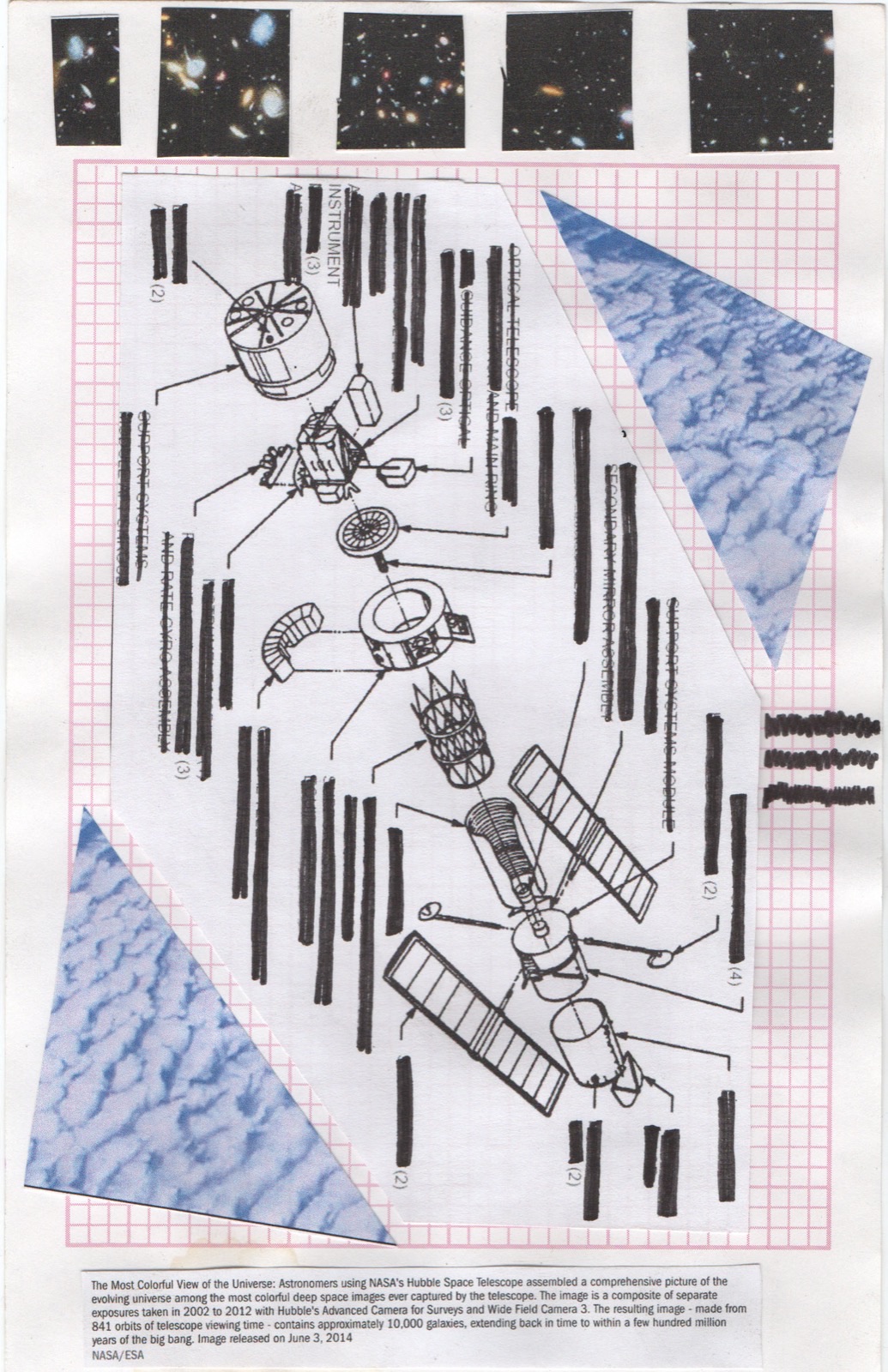 Zine spread — Hubble telescope diagram, deep space imagery, pink graph paper collage