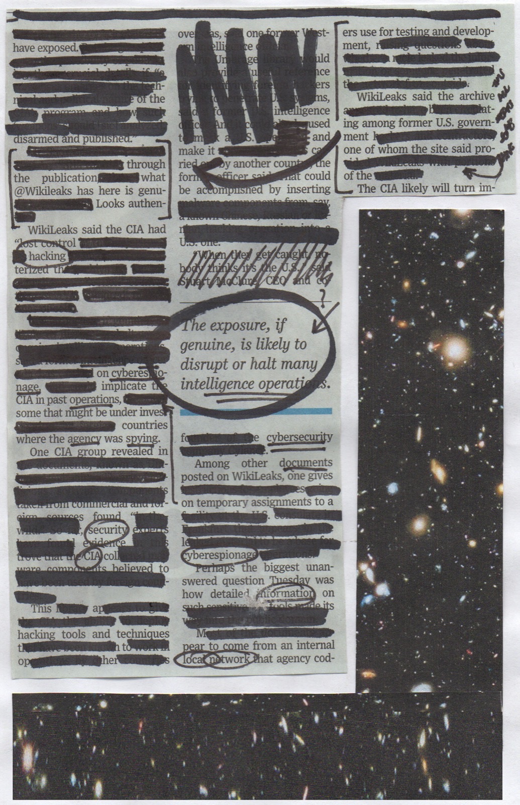 Zine spread — redacted newspaper clippings with deep space photography