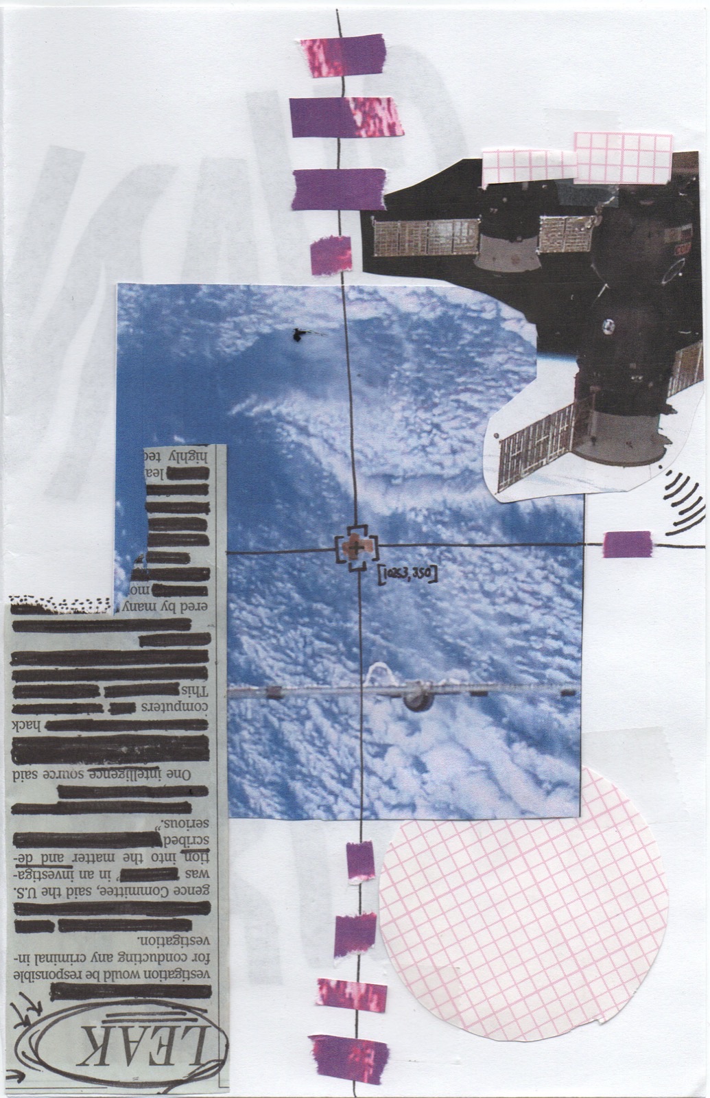 Zine spread — ISS photograph, redacted text, purple tape, LEAK stamp