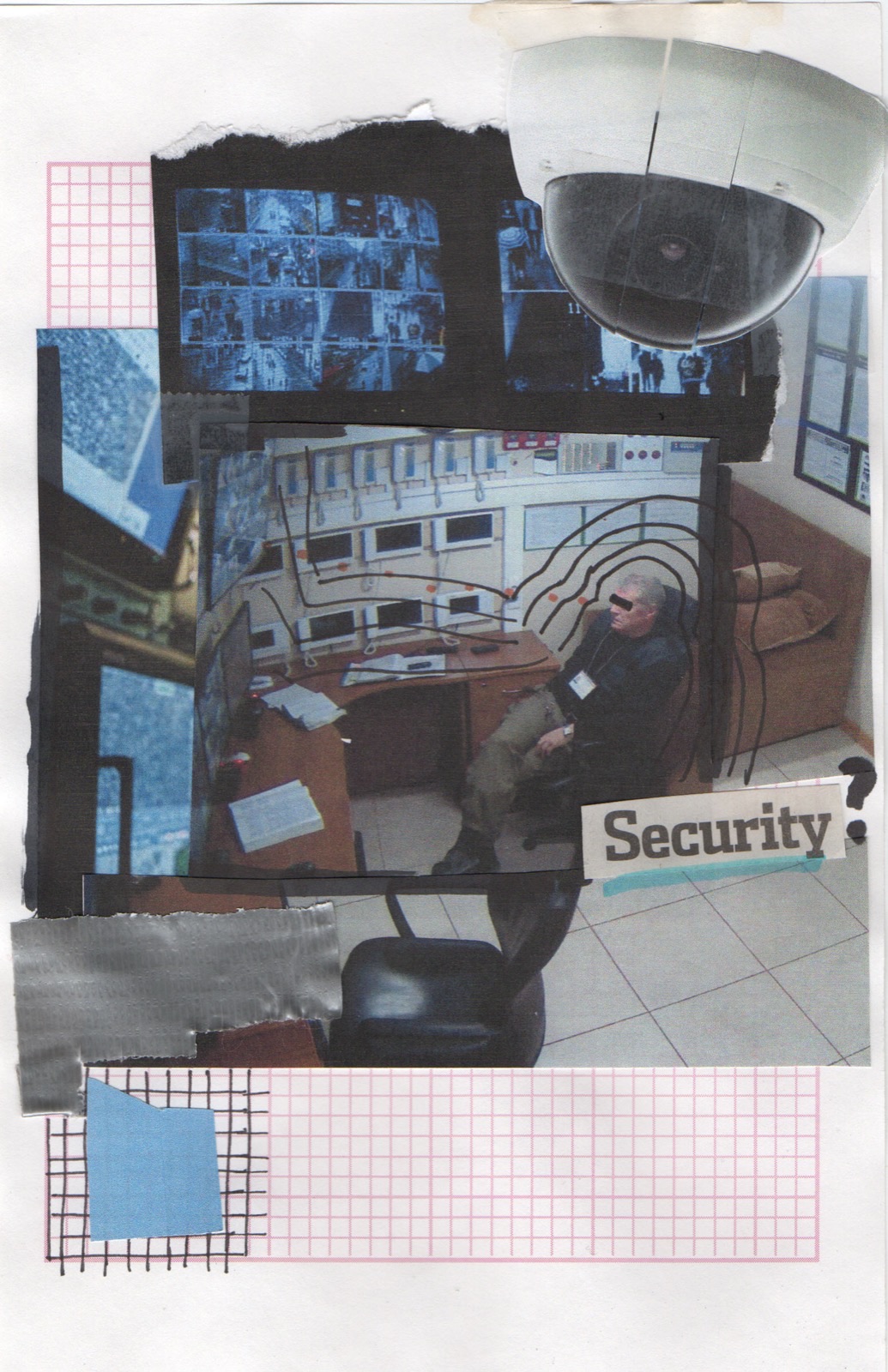 Zine spread — security room, dome camera, monitor wall, pink graph paper