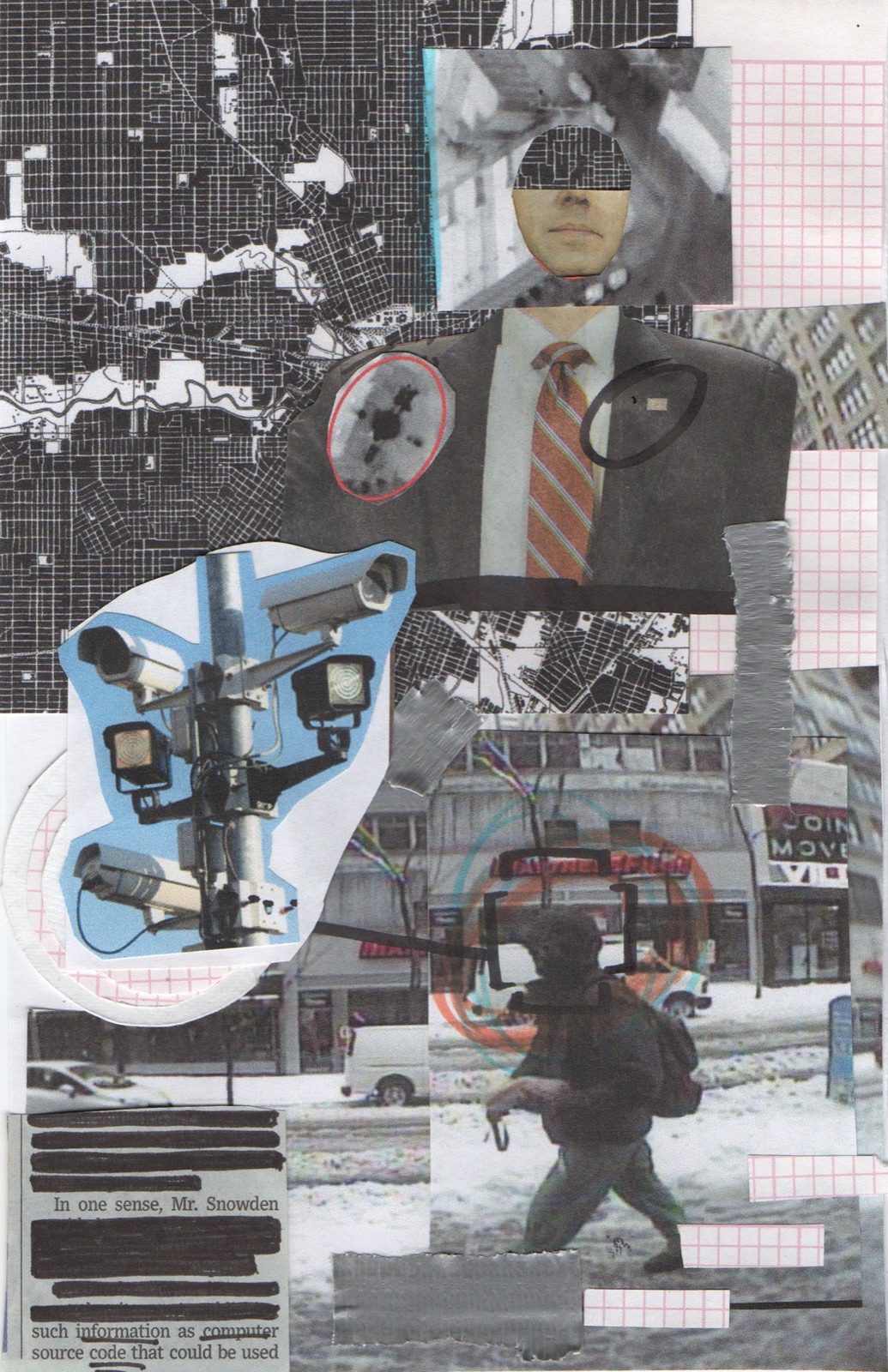 Zine spread — surveillance cameras, suited figure, satellite maps, redacted Snowden clippings