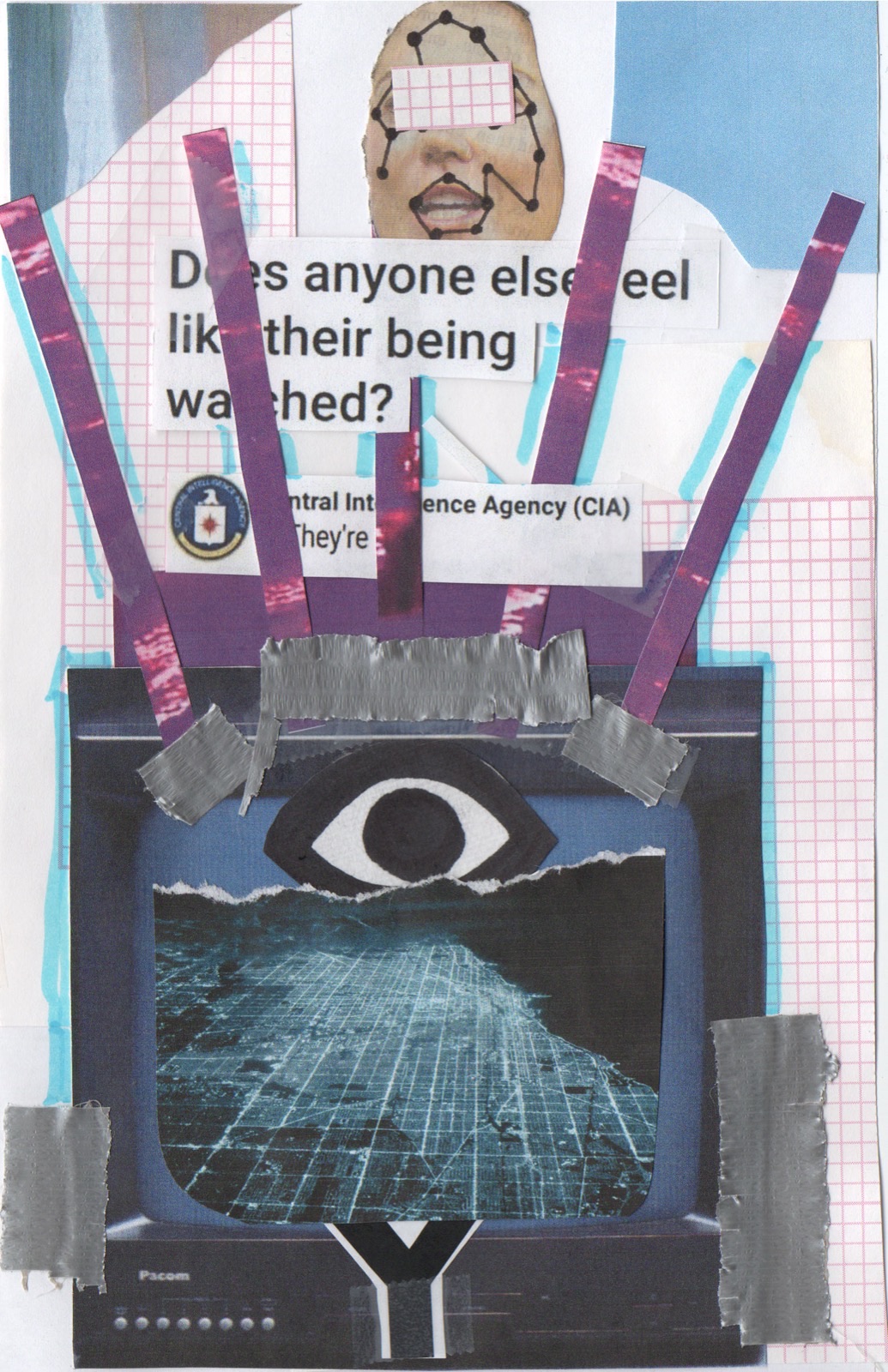Zine spread — does anyone else feel like they're being watched, CIA collage