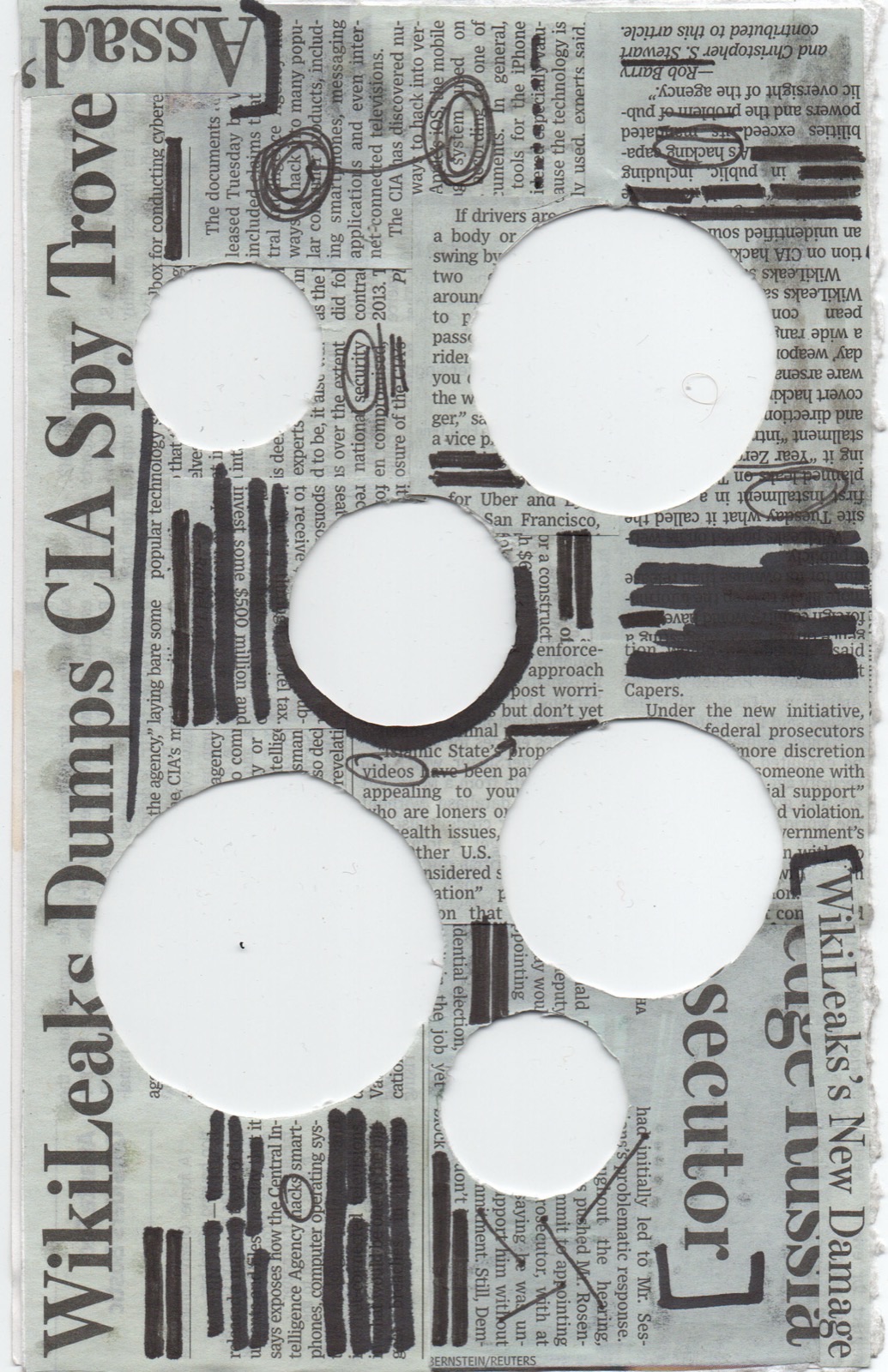 Zine spread — WikiLeaks headlines, die-cut holes, redacted newspaper